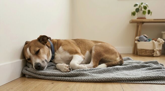 Brown and white dog sleeping on a gray blanket against a wall. Tired pet resting on a wooden floor in a cozy room