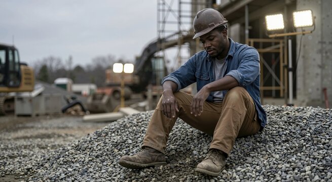 Exhausted Black construction worker sitting on a gravel pile at a building site. Tired male laborer in a hard hat resting after hard physical labor under work lights