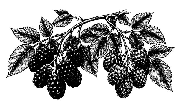 Detailed botanical sketch vector of organic raspberries and blackberries on a branch for vintage menu design