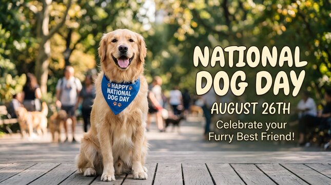 Happy golden retriever sitting outdoors celebrating national dog day