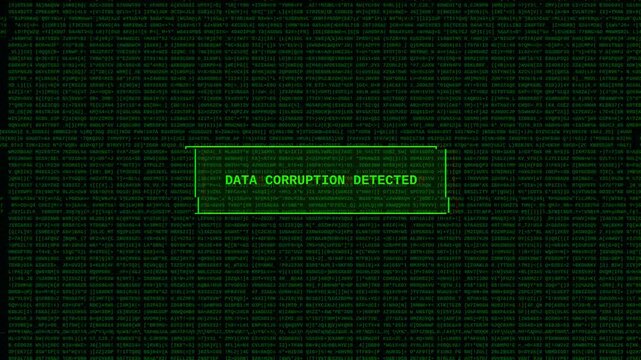 Data corruption detected animated warning message on screen with glitch effect displaying binary code, abstract digital background with data errors and hacking concept.