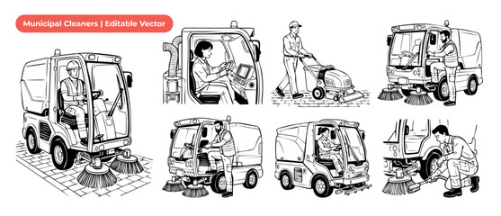 Fototapeta premium Municipal street sweeper vector illustration set of sanitation workers operating cleaning vehicles and road sweeping machinery in clean line art style for coloring book, icons, and graphic design.