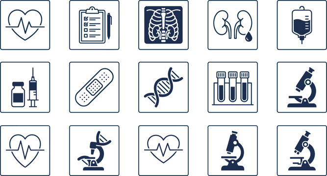 Healthcare medical icons with heartbeat pulse x ray kidney test tubes.