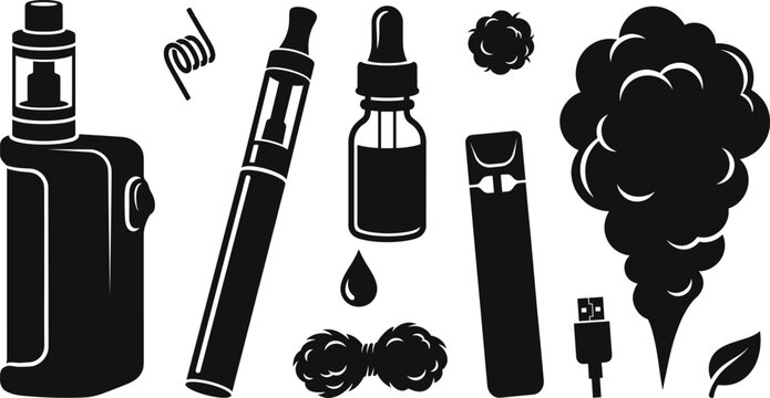Vaping and electronic cigarette silhouette icons set featuring vape mod pen pod dropper bottle and smoke cloud