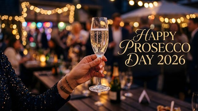 Person holding a glass of sparkling prosecco at a night party
