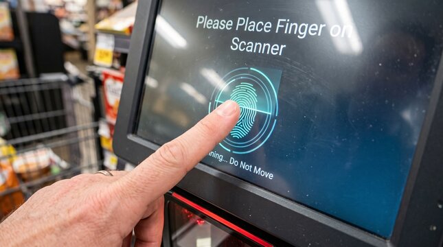 Finger on scanner button, self checkout screen, retail store technology, shopping experience