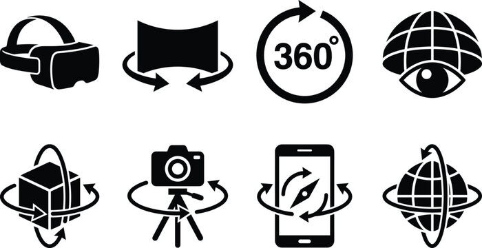 Virtual reality and three hundred sixty degree view icon set featuring vr headset camera cube and globe