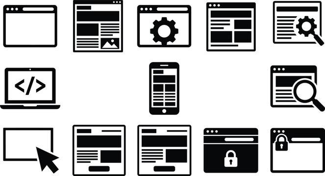 Web development and responsive design icon set featuring laptop mobile browser windows settings search and security