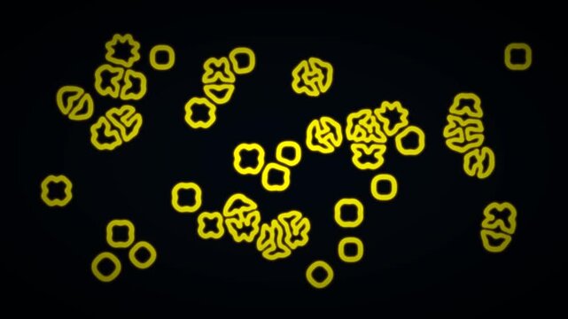 Yellow glowing cells replicating and evolving in a dark abstract liquid medium.