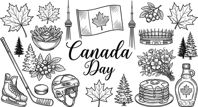 Canada day national holiday celebration elements set with maple leaf flag ice hockey gear and traditional syrup vector