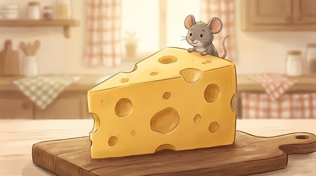 Cartoon mouse sitting on a large wedge of Swiss cheese in a kitchen.