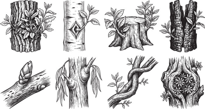 Tree Bark Regeneration and Epicormic Shoots Growth Botanical Engraving