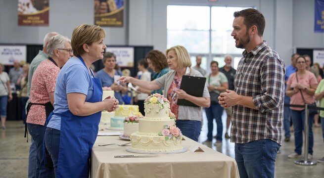 Baker and judge discussing a decorated tiered cake at a competition. People attending an indoor state fair baking contest