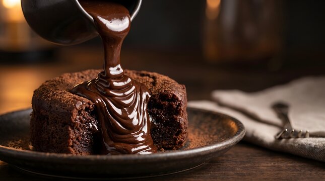Rich molten chocolate lava cake beautifully presented on a dark plate, generously drizzled with warm decadent sauce for an indulgent dessert experience.