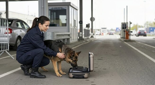 Female customs officer and K9 detection dog inspecting luggage at a border crossing. German Shepherd sniffing an open suitcase for contraband