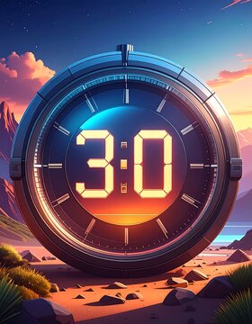 A futuristic digital clock displaying 300 set against a serene desert landscape at sunset