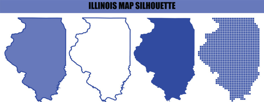 Illinois state map silhouette set with various graphic styles and blue color on wide banner.