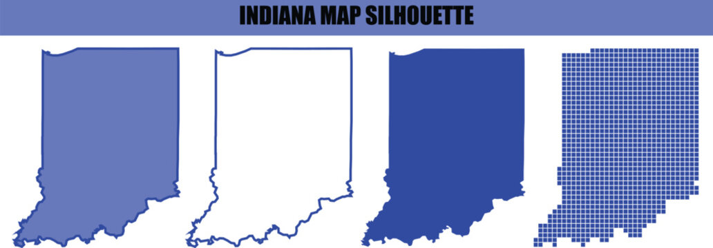 Indiana map silhouette, set of four detailed maps showing different styles.