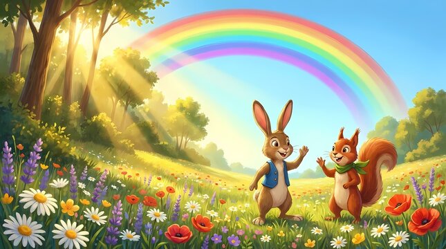 Cartoon rabbit and squirrel under rainbow in meadow.