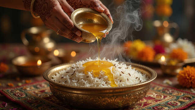 Hands with henna pouring ghee over steaming rice in traditional brass bowl, representing indian cuisine and ritual