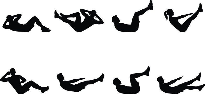 Silhouettes of People Performing Abdominal Core Exercises Including Crunches Bicycle Leg Raises and V-Sit Holds