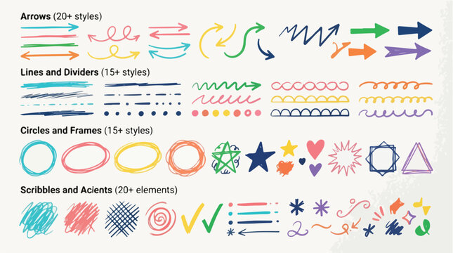 Hand drawn doodle arrows and lines set, colorful sketch dividers and circles vector collection, 70 plus decorative scribbles and frames