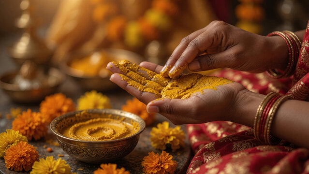Woman's hands applying turmeric paste during a traditional indian haldi ceremony and hindu wedding ritual