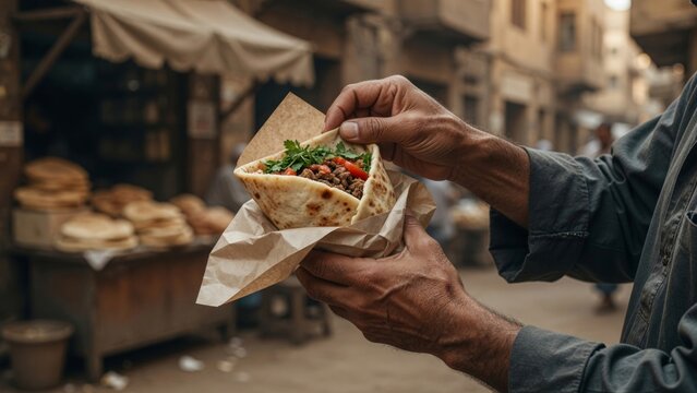 Hands holding a delicious pita bread street food sandwich with meat and vegetables, ready to eat in a market