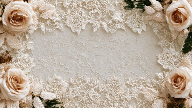 Elegant vintage lace floral frame with beige roses and soft textured background for romantic wedding invitation or decorative design