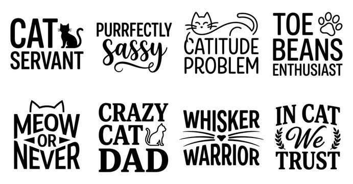 Set of funny cat quotes and typography designs for t-shirt prints with cute kitten illustrations icons Minimal Typography text bundle collection. Editable Vector Illustration Mega pack