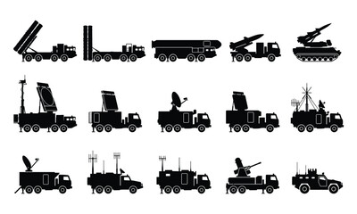 Obraz premium Military Missile Defense Vehicle Icons. Air Defense Systems, Radar Launchers, Vector Illustration Set