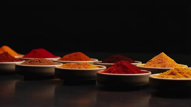 Slow zoom in shot of vibrant red orange yellow spice powders in white bowls on dark black background