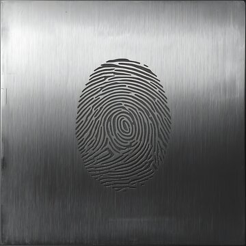 Laser-etched fingerprint on scratched brushed steel plate under cold overhead light, precise and clinical mood.
