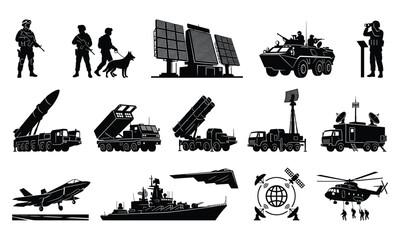 Military Defense Equipment Silhouette Set, Army Vehicles, Radar Systems, Vector Illustration Collection © B76H Edits