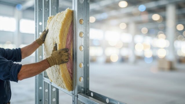 Construction worker installing mineral wool insulation into metal framing for thermal and soundproofing in a modern building