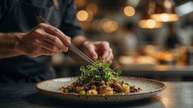 Chef hands meticulously plating gourmet dish with microgreens, preparing fine dining cuisine in a restaurant kitchen