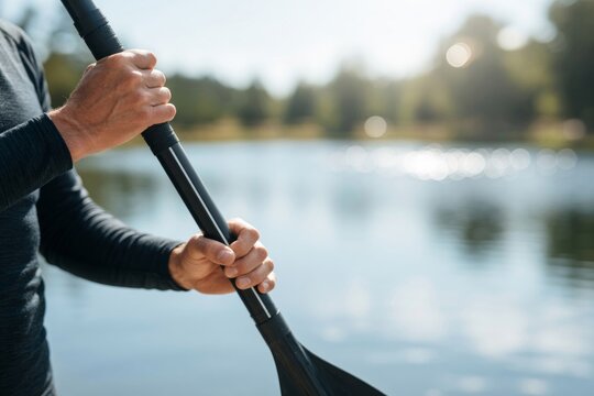 Person's hands holding a paddle, engaging in water sports on a serene lake, enjoying an active outdoor lifestyle