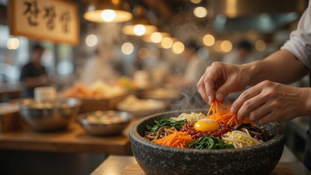 Chef hands arranging ingredients in a hot dolsot bowl, creating a fresh, healthy, and authentic korean meal