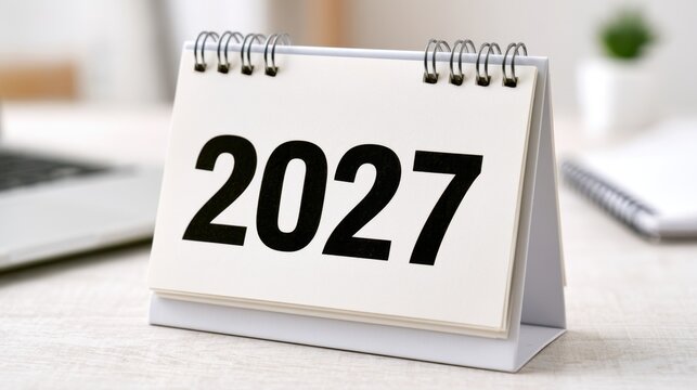 Desk calendar page showing the year 2027 standing on white wooden surface with blurred office background including laptop and notebook