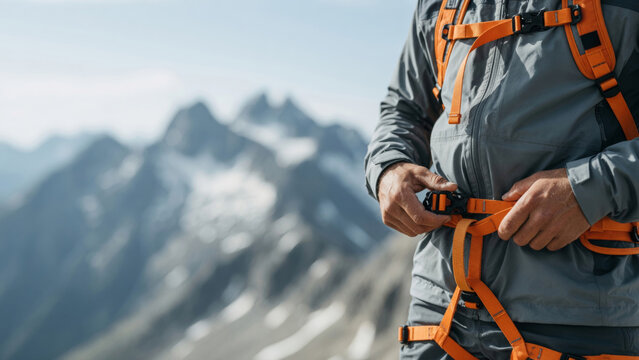 Climber securing safety equipment, preparing for a challenging ascent on a high altitude peak