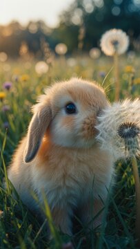 Baby rabbit enjoying springtime, eating dandelion fluff in a sunny field with soft golden light