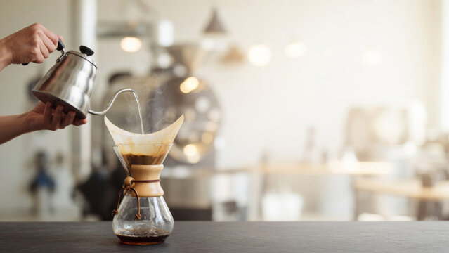 Hand pouring hot water into a pour over coffee maker, brewing fresh aromatic coffee at a cafe or home
