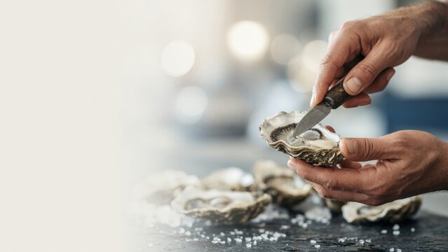 Chef shucking fresh oysters, preparing gourmet seafood meal on ice, fine dining experience