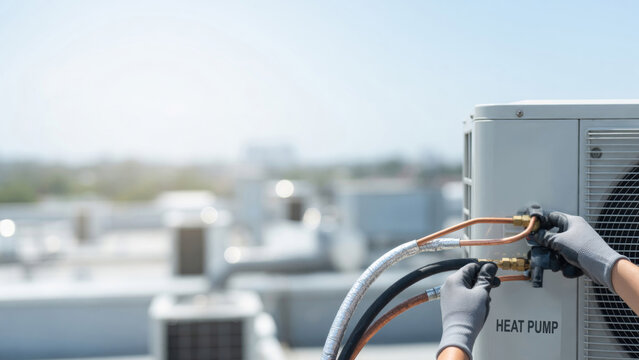 Technician installing outdoor heat pump unit, connecting copper pipes on a rooftop for efficient hvac system