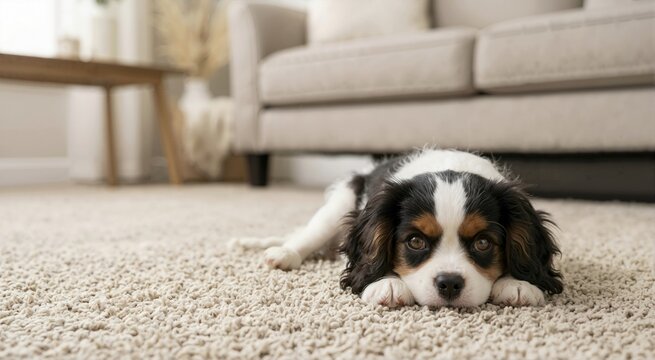 Tricolor Cavalier King Charles Spaniel puppy lying on a beige shag carpet. Cute young dog resting on the floor in a modern living room