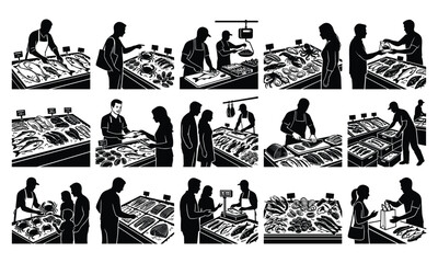 Fototapeta premium Seafood Market Silhouette Collection, Fishmongers, Fresh Fish Display, Customer Shopping, Vector Illustration Set