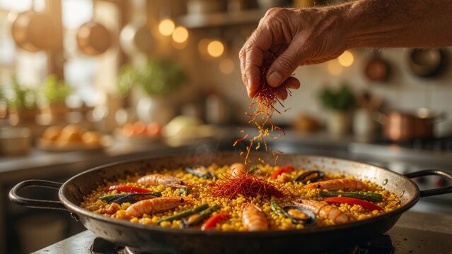 Hand sprinkling saffron over authentic paella, adding flavor to traditional spanish seafood and rice dish cooking in a kitchen