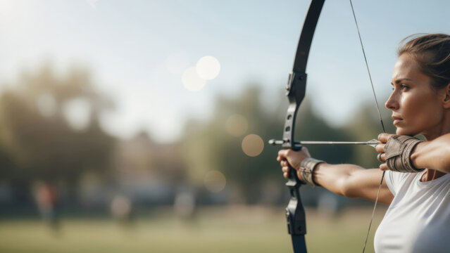 Woman archer holding bow and arrow, preparing to shoot, demonstrating focus, determination, and precision in sport