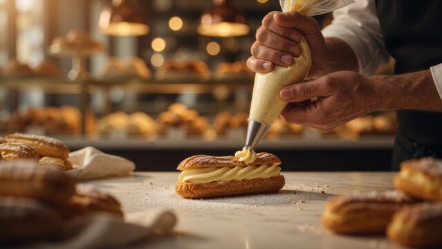 Chef decorating pastry with cream filling using a piping bag in a bakery, preparing delicious dessert eclairs