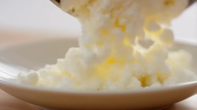 Static shot of fresh white cottage cheese falling from spoon into white bowl on light background